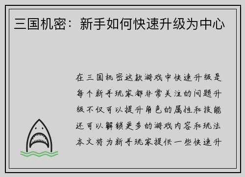 三国机密:新手如何快速升级为中心